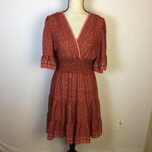 Max Studio Mini Wrap Dress Size M Womans Red Cherry Smocked Waist Ruffle V-neck